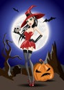 witch in a red dress and stockings and hat