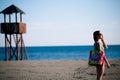 woman on beach vacation with accessories.Beach accessory.Going to the sandy beach vacation.Summer beach fashion style Royalty Free Stock Photo