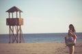 woman on beach vacation with accessories.Beach accessory.Going to the sandy beach vacation.Summer beach fashion style Royalty Free Stock Photo