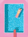 woman in bikini in swimming pool vector illustration. Modern retro 80s vintage style.