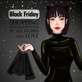 Sexy woman in black latex suit with cat ears hold paper bags. Royalty Free Stock Photo