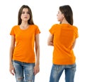 woman with blank orange shirt and jeans