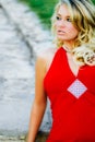 Woman - Blonde Model in Formal Red Dress Royalty Free Stock Photo