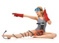 woman contructor worker sitting with construction drill wit