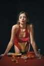 Sexy woman eat Spaghetti. Sensual woman enjoying pasta. Seductive Spaghetti. Sensual bite. Love Italian cuisine. Savor