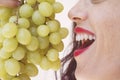 Sexy woman eating green grapes, sensual red lips Royalty Free Stock Photo