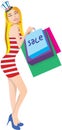 woman. Fashion shopping mania in Fourth of July. Girl vector illustration pseudo 3D eps jpg