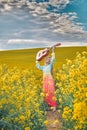 sexy woman in the field with a guitar. concept freedom, inspiration, relaxation. Royalty Free Stock Photo