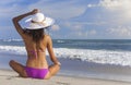 Woman Girl Sitting Sun Hat & Bikini on Beach Royalty Free Stock Photo