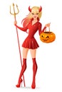 woman in Halloween devil costume with jack-o -lantern pumpkin basket. Isolated vector illustration. Royalty Free Stock Photo