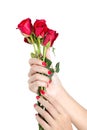 woman hand with red nails a bunch of roses.