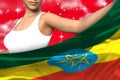 pretty girl holds Ethiopia flag in front on the red colorful clouds - flag concept 3d illustration