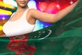 sexy woman holds Turkmenistan flag in front on the party lights - flag concept 3d illustration