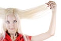 Woman Holds Her Long White Hair