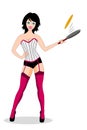 Sexy woman making pancakes on a frying pan. vector illustration Royalty Free Stock Photo