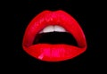 Sexy woman mouth, passion lips. Seduction and temptation. Art design. Isolated on black background.