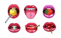 Sexy woman mouth set. Red sexy girls lips stickers pop art icons expressing different emotions. Woman mouth with strawberry