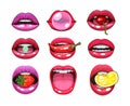 Sexy woman mouth set. Red sexy girls lips stickers expressing differents emotions. Sexy sensual, provocative lips with pepper,