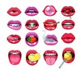 Sexy woman mouth set. Red sexy girls lips stickers expressing emotions smile, kiss, discontent, modesty, show tongue. Sexy sensual