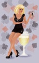 woman with poker cards and wine