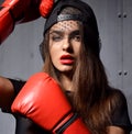 woman with red Boxing Gloves at the gym concept about sport Royalty Free Stock Photo