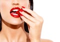 Sexy woman with red lips eating strawberry Royalty Free Stock Photo