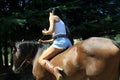 Sexy woman with short jeans and boots riding a horse