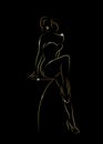 Woman Silhouette Diva Hollywood Drawn In Gold, Golden Girl Outline Drawing Shiny In Black Background, Burlesque Pin Up