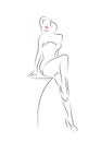 woman silhouette diva Hollywood drawn in line style, girl outline drawing isolated in white background, burlesque fash