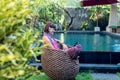 woman using laptop computer on a lounge near swimming pool outdoors. Tropical garden of Bali island, Indonesia. Royalty Free Stock Photo