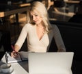 Sexy woman using laptop pc sitting in cafe Royalty Free Stock Photo