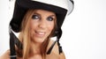 woman with a white motorcycle helmet Royalty Free Stock Photo