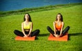 Sexy women athletes do yoga exercises, training
