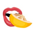 Sexy women`s mouth tastes lemon. Attractive female red lips.