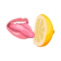 Sexy women`s tongue licks or tastes lemon. Attractive female mouth.