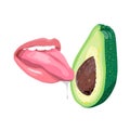 Sexy women`s tongue with saliva licks or tastes avocado. Attractive female mouth.