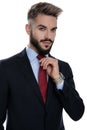 Sexy young businessman in suit arranging tie Royalty Free Stock Photo