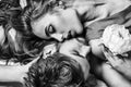 Sexy young couple in love. Portrait of intimate passionate sensual people. Kiss each other, enjoying tenderness. Royalty Free Stock Photo