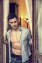 young man with shirt open on muscular chest Royalty Free Stock Photo