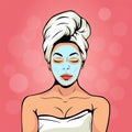 young woman in bath towel with cosmetic mask on her face. Pop art vector illustration Royalty Free Stock Photo