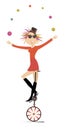 Equilibrist woman on the unicycle juggles balls illustration