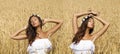 young woman in white dress in a wheat golden field Royalty Free Stock Photo