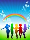 young women dancing on rainbow background