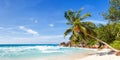 Seychelles Anse Georgette beach Praslin island palm panoramic view vacation paradise ocean sea Royalty Free Stock Photo