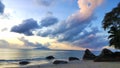 Peaceful Seychelles Beach Sunset with amazing sky and rocks. Royalty Free Stock Photo