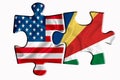 Seychelles flag and United States of America flag on two puzzle pieces on white isolated background. The concept of political