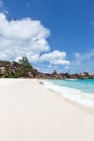 Seychelles Grand Anse beach on La Digue island portrait format vacation holidays travel traveling