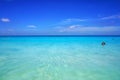 Seychelles Islands - March 14, 2016: Scenic seascape of azure transparent ocean water and blue sky. Tropical beach with white sand Royalty Free Stock Photo