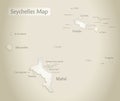 Seychelles map, islands with names, old paper background