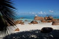 Seychelles palm, rocks, boat and see Royalty Free Stock Photo